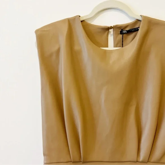ZARA Faux Leather Padded Shoulder Mini Dress Womens Brown Sleeveless Size Large - Picture 8 of 15